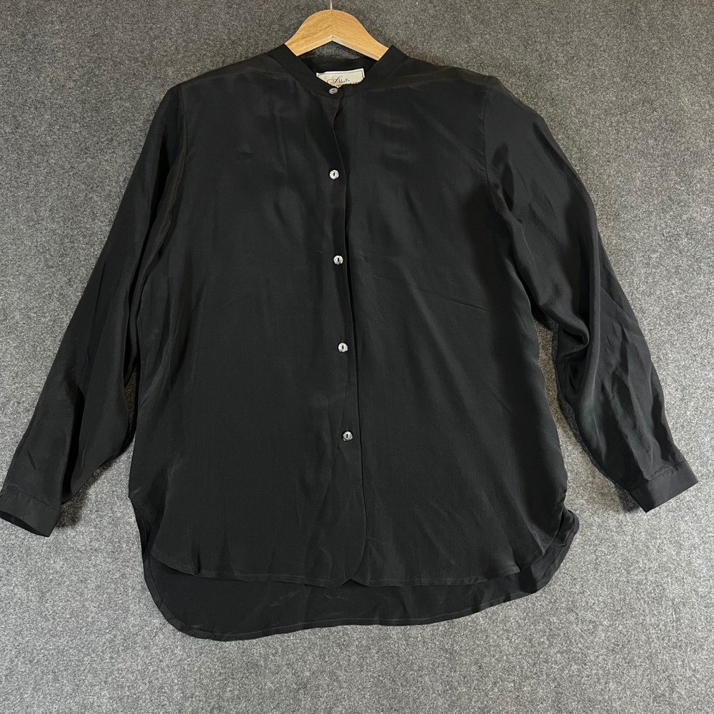 Silk Boutique Black 100% Silk Mandarin Collar Blouse Button Down Top Medium